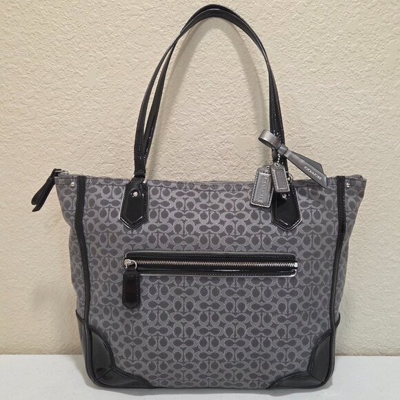 Coach Fall Bag Gray Metallic Fabric Black Patent Leather Double Straps - Picture 1 of 14